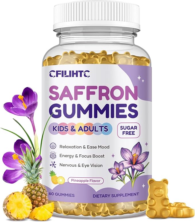 Saffron Gummies for Kids & Adults, 20-in-1 Saffron Supplements with 88.5mg Saffron Extract, B6, B12, C, D3, Magnesium for Calm, Focus, Nerve, Sugar Free, Vegan, Non-GMO - Pineapple Flavor, 60 Counts