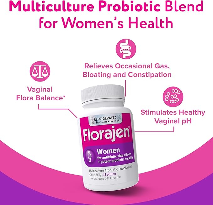 Florajen Women's Vaginal Probiotics, Provides Gut Health & Constipation Relief For Adults And Bloating Relief For Women, 30 Capsules (Refrigerated)