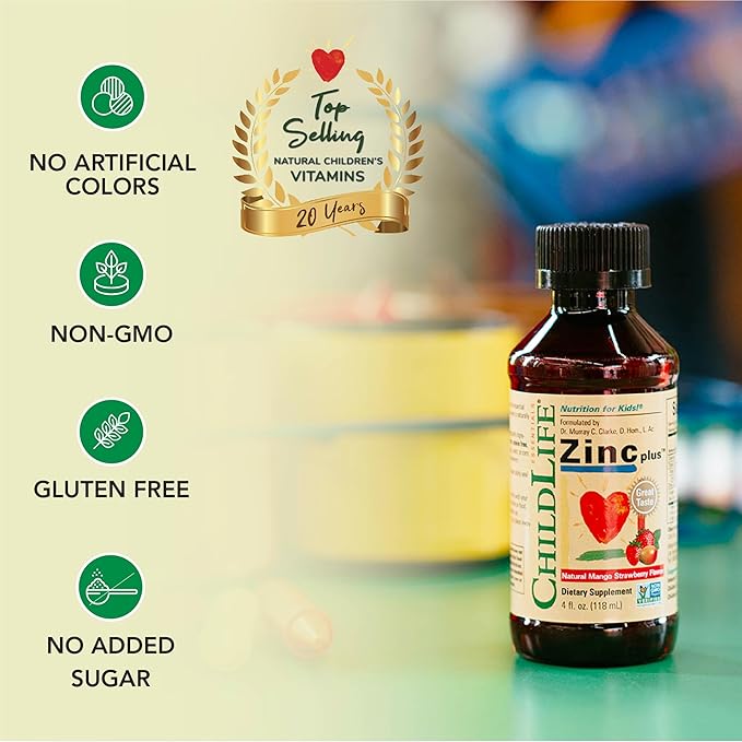 CHILDLIFE ESSENTIALS Liquid Zinc Plus for Kids & Toddler - Liquid Supplement Drops, Zinc Gluconate & Copper for Immune Support - Mango Strawberry, 4 Fl Oz (Pack of 3)