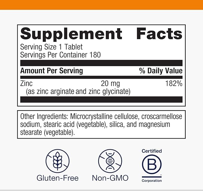 Metagenics Zinc A.G. - Highly Absorbable Zinc with Arginine & Glycine Chelates - Supports Immune Function, Bone Health, Skin & Energy Metabolism - Non-GMO & Gluten-Free - 180 Tablets