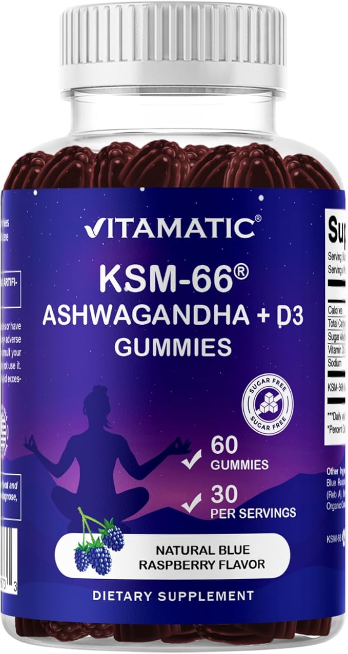 Vitamatic KSM-66® Ashwagandha + D3 Gummies – Natural Blue Raspberry Flavor – Sugar Free, Gluten Free, Non-GMO – 60 Gummies