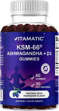 Vitamatic KSM-66® Ashwagandha + D3 Gummies – Natural Blue Raspberry Flavor – Sugar Free, Gluten Free, Non-GMO – 60 Gummies