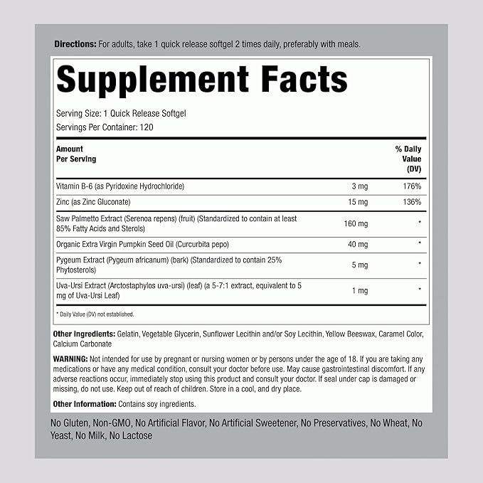 Piping Rock Saw Palmetto for Men and Women | 120 Softgels | Complex with Pumpkin Seed Oil & Pygeum Extract | Extra Strength Prostate Supplement | Non-GMO, Gluten-Free
