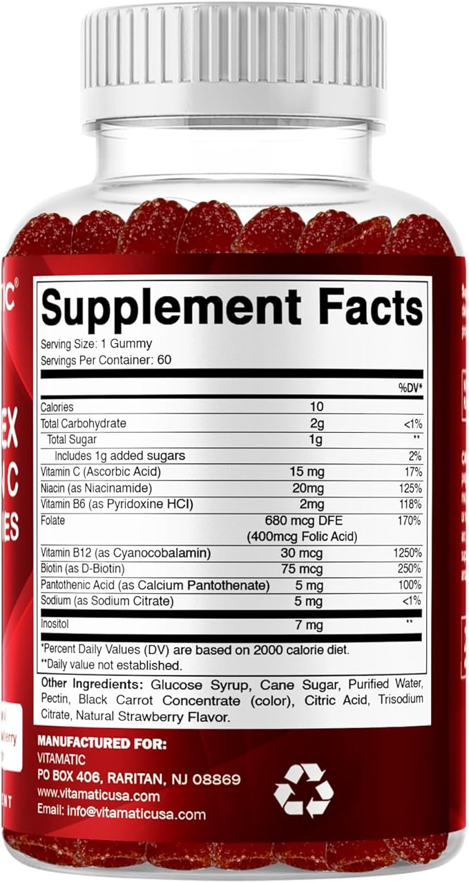 Vitamatic Vitamin B Complex Gummies with Vitamin C & Inositol - Natural Strawberry Flavor - 60 Gummies (3 Bottles)