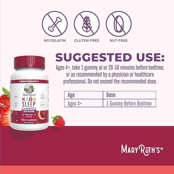 MARYRUTH'S Melatonin Gummies for Kids | 2 Month Supply | Sleep Gummy for Kids Ages 4+ | Melatonin 1 mg | Relaxation & Sleep Support | Vegan | Gluten Free | 60 Count