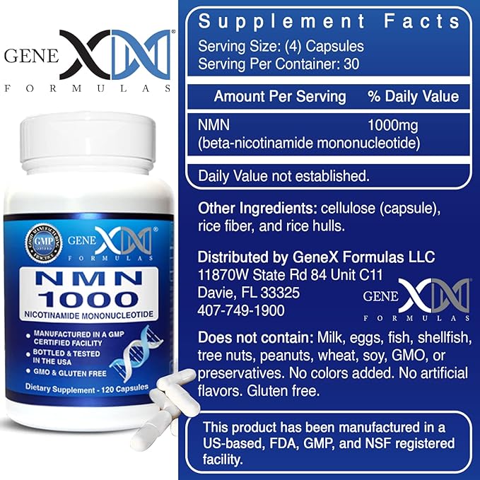 Genex Formulas NMN 1000mg - 99% Pure Shelf Stabilized Supplement Capsules for Increased NAD Levels & Healthy Aging, GMP Certified, 1000mg per Serving, 120 Capsules