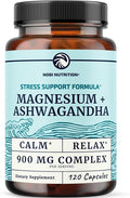 Magnesium Ashwagandha | Calming Magnesium Supplement for Adults | Relax, Rest, Calm Mood & Sleep Support | Mag Citrate & Oxide 400 mg + Ashwagandha 500 mg | Muscle Health & Stress Relief | 120 Ct