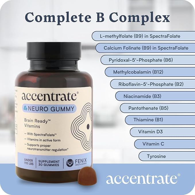 Accentrate Neuro Gummy for Kids | Supports Attention & Mood | Folinic Acid & Methylfolate | Complete Vitamin B Complex with SpectraFolate™ | MTHFR Supplement | No Artificial Ingredients | 30 Gummies