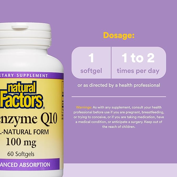 Natural Factors Coenzyme Q10 - Antioxidant Support Supplement Supports Cellular Energy Production - Better Absorption Aids Healthy Heart Function - 100 mg, 60 Softgels (60 Servings)