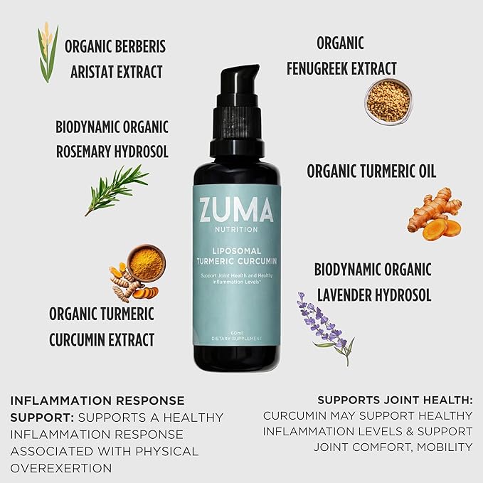 Zuma Nutrition Liposomal Turmeric Curcumin Drops, Vegan Natural Liquid Tonic with Black Pepper Extract for Joint, & Liver Health Support, Herbal Supplement for Men & Women, 60 ML Bottle