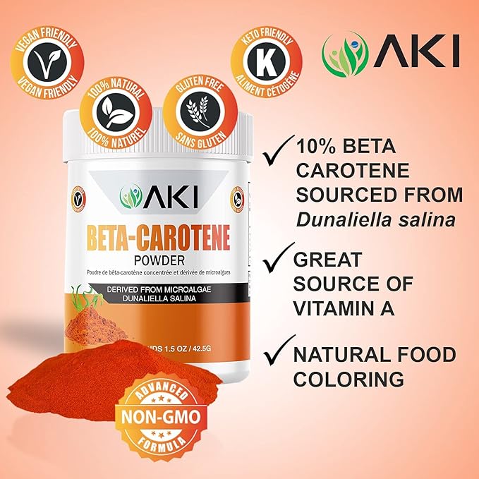 AKI Beta Carotene 10% Powder (1.5oz/42.52g) Highly Concentrated flavouring Fount of Vitamin A, May Helps to Support Body Functions, Skin, Immune System and Eye - GMO Free & Vegan Friendly