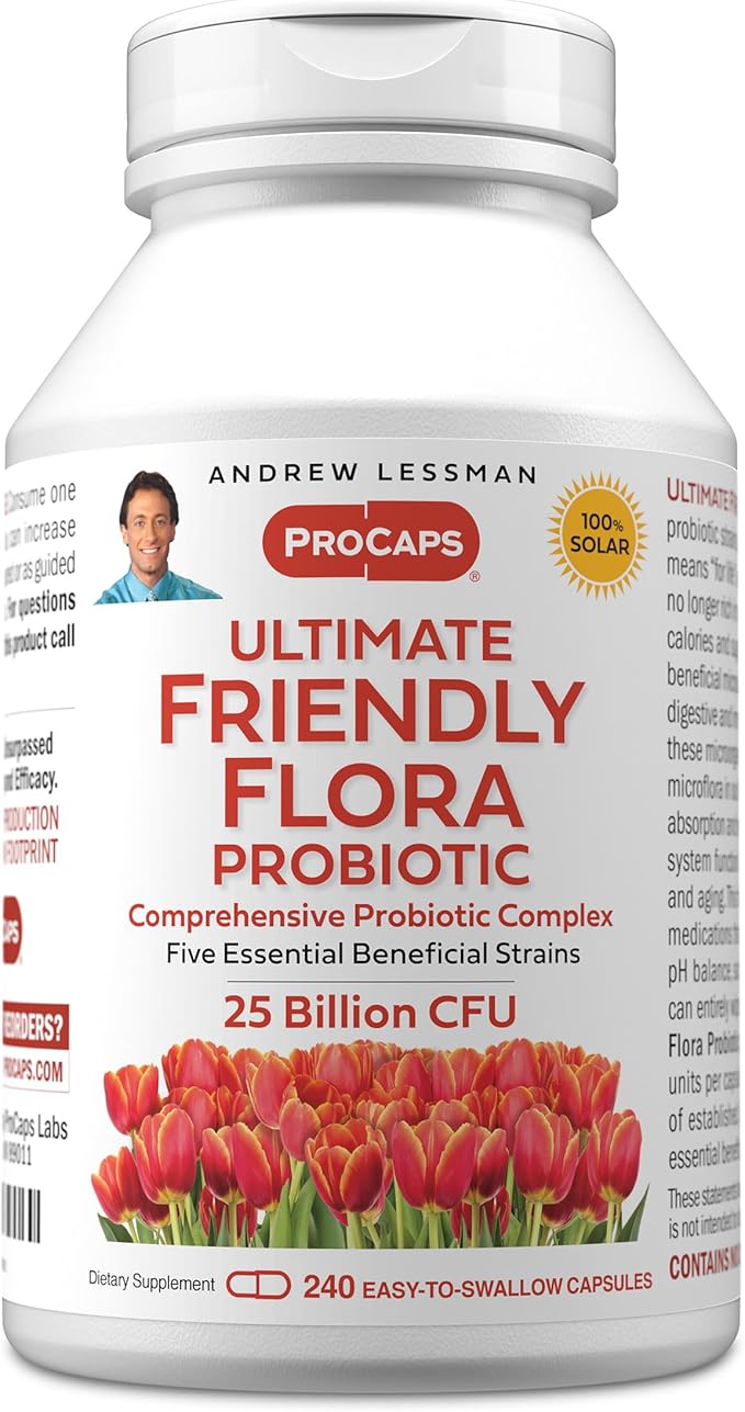 ANDREW LESSMAN Ultimate Friendly Flora Probiotic 240 Capsules - 25 Billion CFU, Comprehensive Blend of Five Probiotic Strains, Powerful Immune and Digestive Support. Probiotics for Women or Men