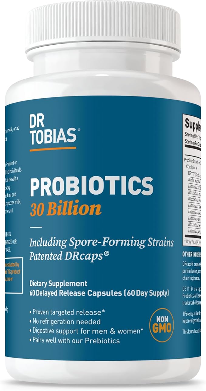 Dr. Tobias Probiotics 30 Billion, 10 Strains, 30 Billion CFU's, Targeted Release Probiotics for Women & Men, Supports Digestive Health, Shelf-Stable, Non-GMO, 60 Capsules, 60 Servings