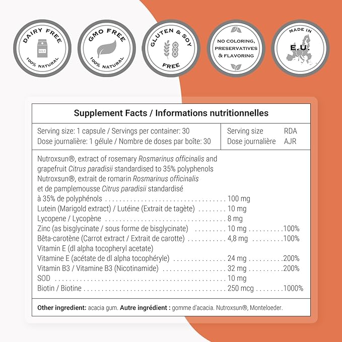 Supersmart Solar Prep Formula (Advanced Formula) - with Beta Carotene, Biotin - Skin Supplement | Gluten Free & Vegetarian Friendly - 30 Capsules