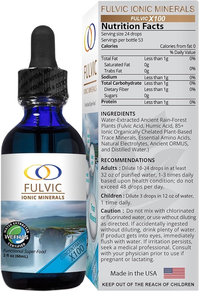 Optimally Organic Water Extracted Fulvic Ionic Minerals X100-2 Month Supply - Patented BioActive Ionic Fulvic Acid - Humic Acid - 77 Trace Minerals - Every Essential Amino Acid - Electrolytes