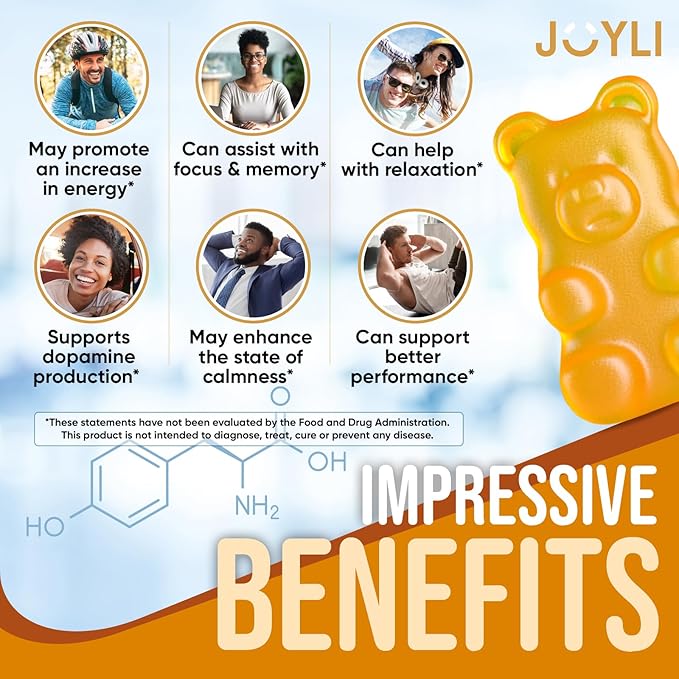 Joyli L Tyrosine Gummies 1000MG - L-Tyrosine Supplement for Kids & Adults - Calm & Focus Gummies for Brain, Memory, Mood, and Energy - 500mg L- Tyrosine Powder per Gummy - Vegan, Gluten-Free