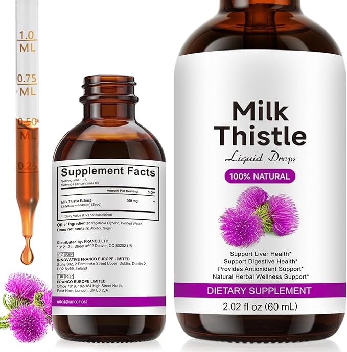 Milk Thistle Silymarin Marianum Supplement Liquid Drop for Liver & Kidney Cleansing Support, Potent Antioxidant, Herbal-Based Formula, Non-GMO - 2 Fl.Oz/60 ML