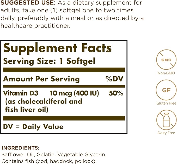 Solgar Vitamin D3 (Cholecalciferol) 10 MCG (400 IU), 100 Softgels - Helps Maintain Bones & Teeth - Immune System Support - Non-GMO, Gluten Free, Dairy Free - 100 Servings