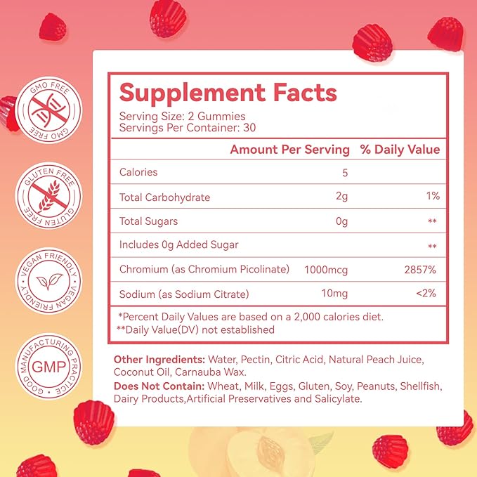 2 Pack Chromium Picolinate Gummies 1000 mcg, Vegan, Gluten-Free, Peach Flavor, 120 Vegan Gummies