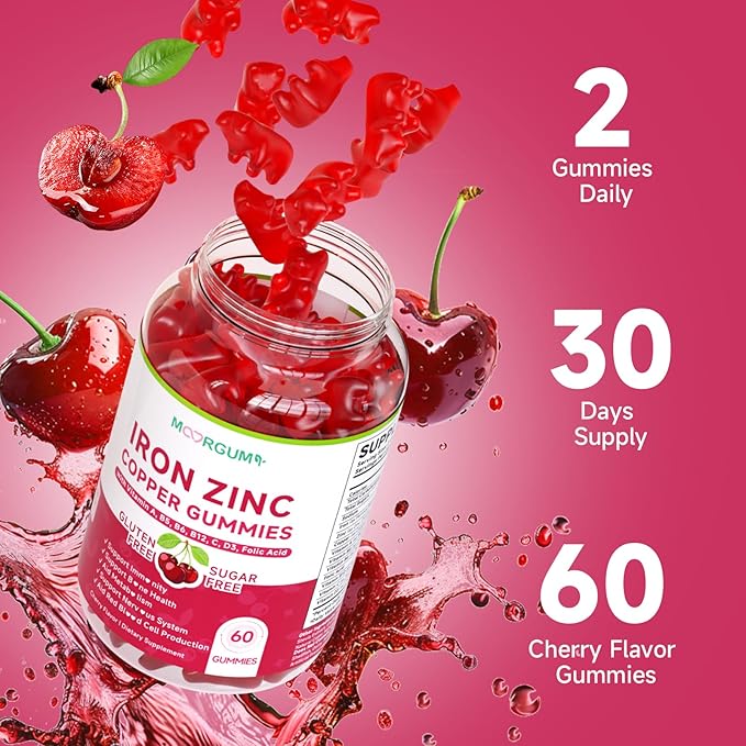Iron, Zinc, Copper Supplements for Women & Men, Mineral Gummies with Vitamin A, B5, B6, C, D3, B12 for Adults & Kids, Promote Energy, Support Immunity, Bone Health, Sugar Free, Cherry Flavor, 60 Count