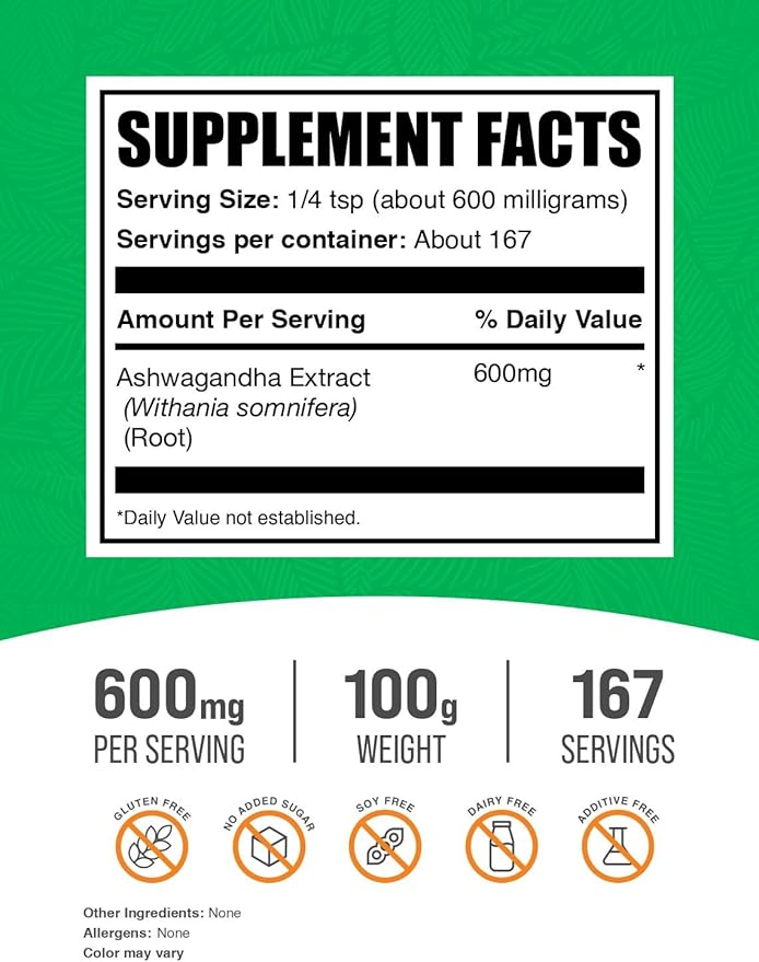 BulkSupplements.com Ashwagandha Root Extract Powder - Ashwagandha Supplement, Herbal Supplement - Vegan & Gluten Free, 600mg per Serving, 100g (3.5 oz) (Pack of 1)