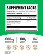 BulkSupplements.com Ashwagandha Root Extract Powder - Ashwagandha Supplement, Herbal Supplement - Vegan & Gluten Free, 600mg per Serving, 100g (3.5 oz) (Pack of 1)