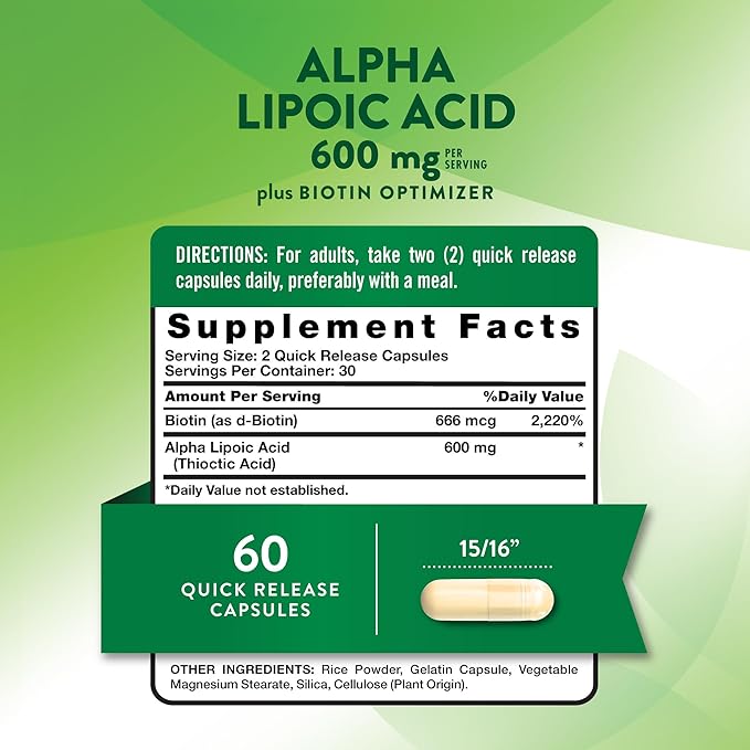 Nature's Truth Alpha Lipoic Acid 600mg | plus Biotin Optimizer | 60 Capsules | Non-GMO & Gluten Free Supplement