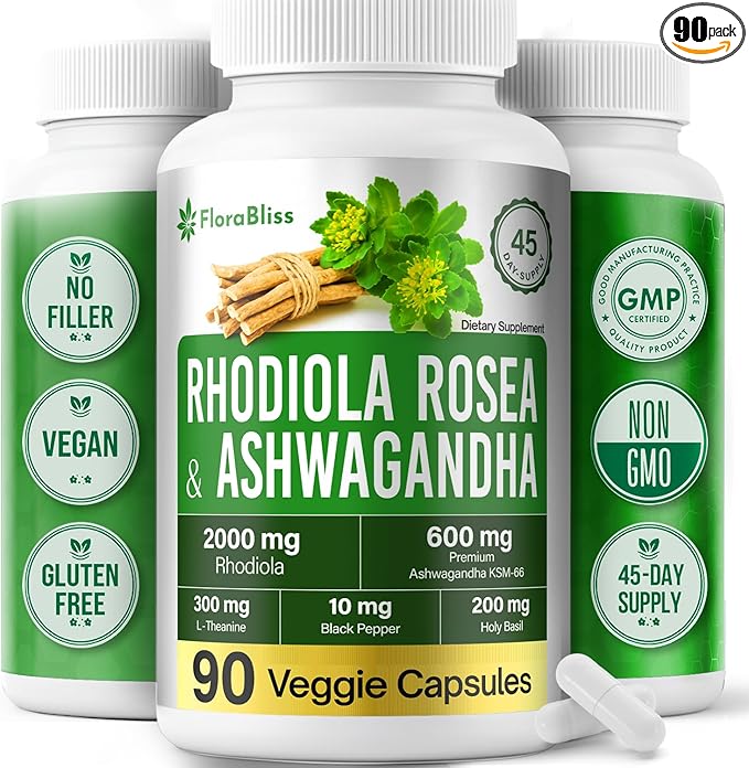 FloraBliss Rhodiola Rosea with Ashwagandha KSM-66, L-Theanine, Holy Basil & Black Pepper - 90 High Potency Vegan Capsules - 45-Day Supply - No Artificial Additives
