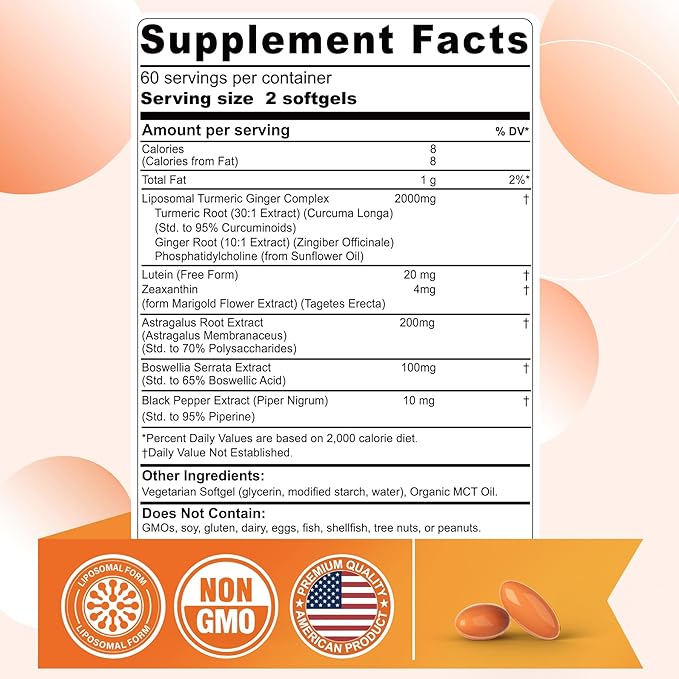 Liposomal Turmeric Ginger Curcumin Complex Supplement Pills, 2000mg Organic Turmeric Root with Black Pepper, Lutein and Zeaxanthin Supplements Liquid Softgels, 95% Curcuminoids, Non-GMO, 240ct