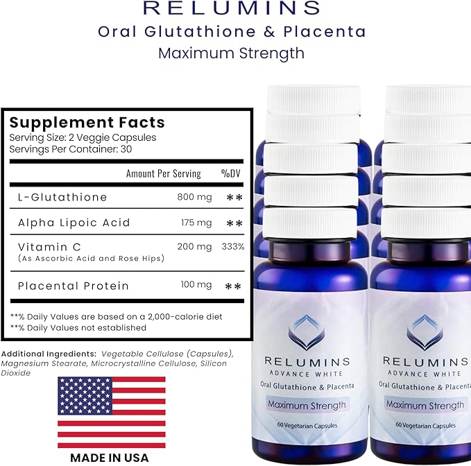 Relumins Advanced White Glutathione Capsules - Max Strength Brightening Supplement with ALA, Placenta, Rose HIPS & Vitamin C - Fights Oxidative Stress, Supports Collagen & Made in USA - 10 Bottles