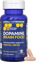NATURAL STACKS Dopamine Brain Food - 650mg L-Tyrosine Supplement - Dopamine Supplement for Focus & Mental Drive - Supports Mental Energy - Neurotransmitter Support with B Vitamins - 120 Capsules