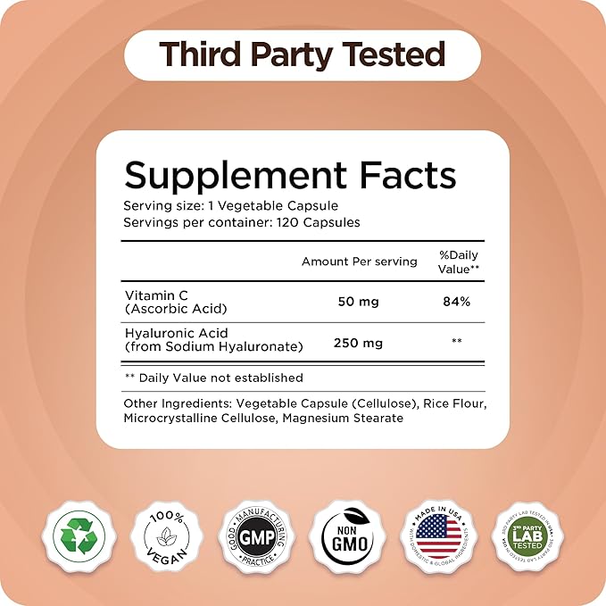 Pure Hyaluronic Acid Supplement 250mg with Vitamin C 50mg, 120 Vegan Capsules - Skin Hydration for Natural Glow, Hair, Nails, Bone & Joint Health Formula 120 Count (Pack of 12)