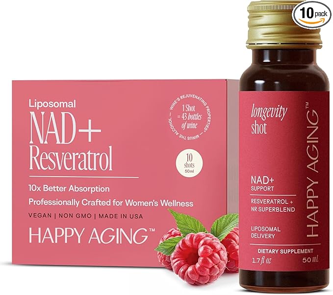 Happy Aging Liquid NAD+ Supplement for Women | Liposomal Nicotinamide Riboside & Resveratrol Shots for Energy, Skin Health & Brain Fog | NMN Alternative with Antioxidants | 10 Shots, 30-Day Supply