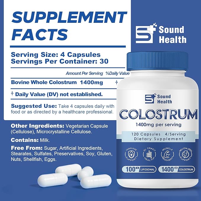 Colostrum Supplement 120 Capsules for Humans - Organic Bovine Colostrum Powder for Gut Health, Hair Growth, Beauty, and Immune Support - Unflavored (120 Capsules)