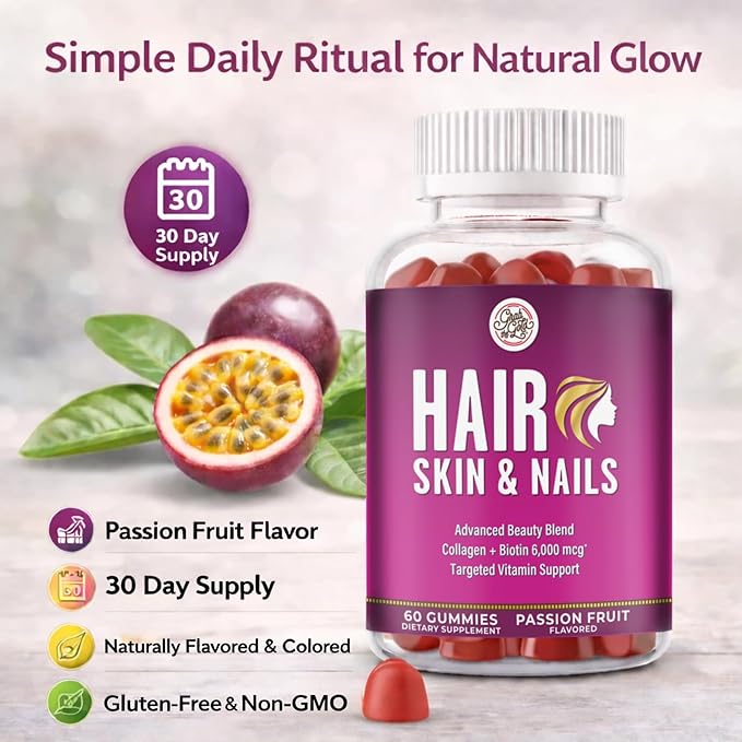 Grab The Gold Hair Skin & Nails Vitamins for Women | Gummies with 6000mcg Biotin & Collagen | 10 Essential Vitamin & Minerals | Gluten-Free, Non-GMO, Passion Fruit Flavor | 1 Month Supply, Made in USA