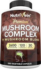 Nutrivein Premium Mushroom Supplement 2600 mg- Bottle 120 Capsules- 11 Nootropic Mushroom Complex - Lion's Mane, Cordyceps, Chaga, Reishi, Turkey Tail,Maitake,Shiitake, Agaricus, White Button, Oyster
