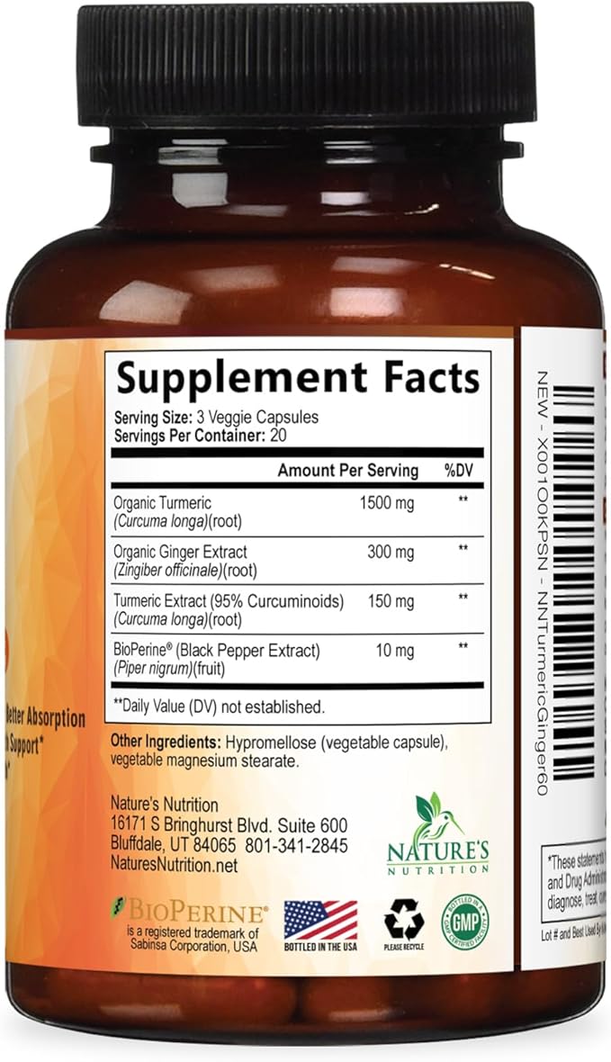 Turmeric Curcumin Supplement - 95% Curcuminoids with Organic Turmeric & Ginger, BioPerine Black Pepper Extract for Best Absorption, Natural Vegan Joint Support, Non-GMO, Bottled in USA - 60 Capsules