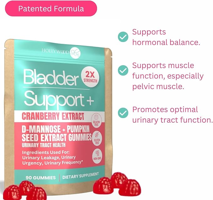 hollywoodskin 2X Potency Bladder Support Gummies. 700mg Cranberry Extract + 500mg Pumpkin Seed Extract. Reduce Leaks, Relieve Need to Go Urgency, Improve Sleep, Overactive Bladder. 90 Gummies