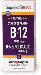 Superior Source No Shot Vitamin B-12 Cyanocobalamin 1000 mcg, B-6, Folic Acid 800 mcg - Support Brain & Heart Health - Aids Natural Energy Levels - 60 Sublingual Dissolving Tablets