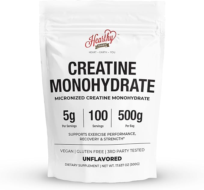 HEARTHY FOODS Creatine Monohydrate Micronized Powder 500G - 100 Servings, 5000mg Per Serving (5g) - for Men & Women Muscle Growth & Recovery - UNFLAVORED