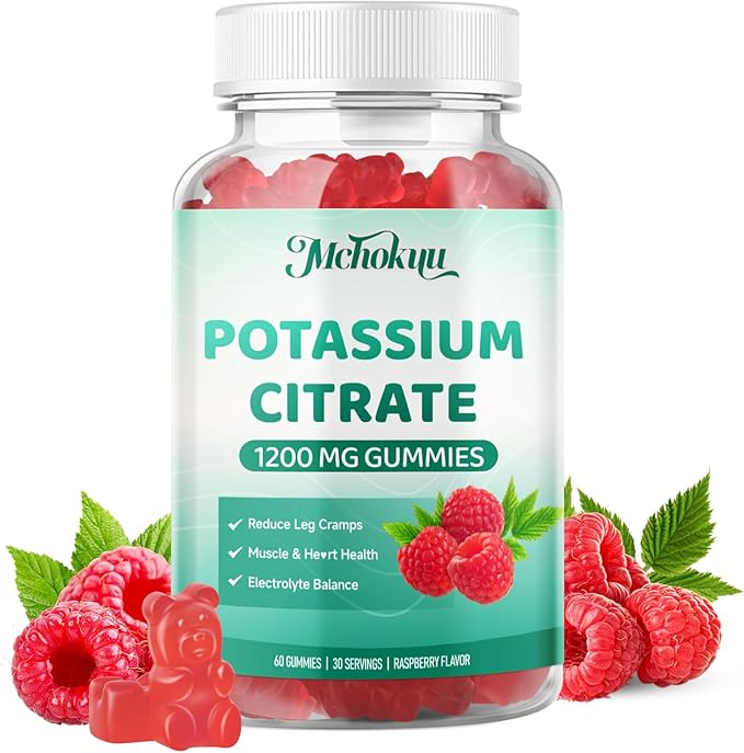 Potassium Citrate Supplement Gummies, Potassium Supplements for Women & Men, Helps Maintain Muscle Wellness & Electrolyte Balance, Vegan, Raspberry Flavor, 60 Count Potassium Gummies