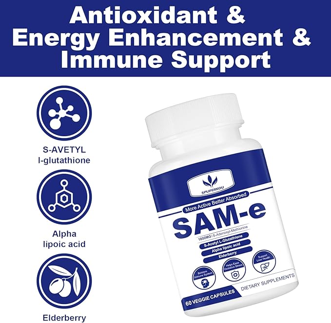 1800mg Sam-e Supplement with Alpha Lipoic Acid + Turmeric, Elderberry, Jujube Extract, Support Liver Health, Boost Immune System, 180 Capsules