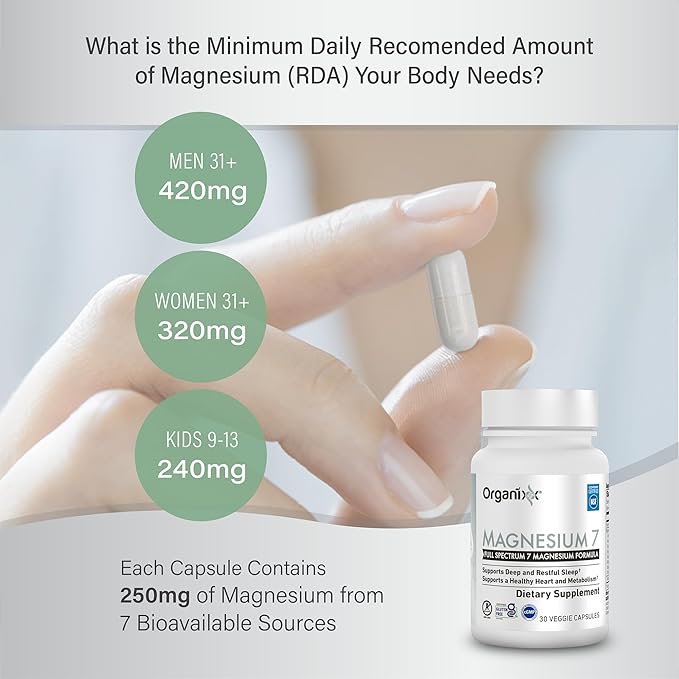 Organixx Magnesium Glycinate Supplement for Support Sleep, 3 Month Supply, Muscle & Heart Health, 7 Type Magnesium Complex with Vitamin B6, Manganese Citrate, Gluten Free, Vegan, Non GMO, 90 Capsules