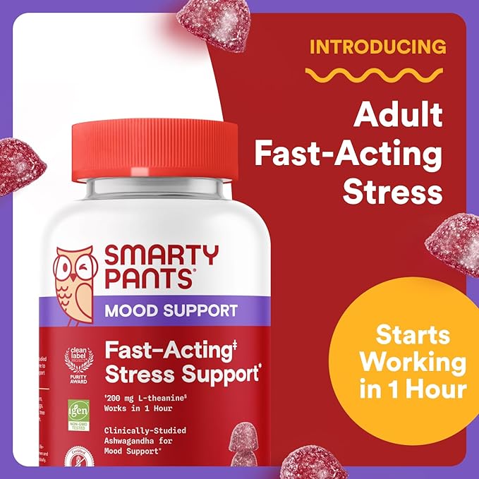 SmartyPants Adult Stress Support Gummies: Fast-Acting Calm & Mood Support with L-Theanine 200mg & Ashwagandha (Sensoril), Non-Drowsy, Mixed Berry Flavor, 60 Count (30 Day Supply)