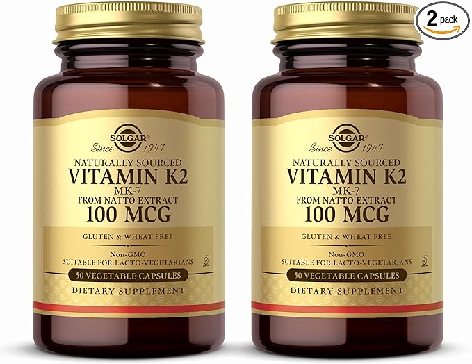 Solgar Naturally Sourced Vitamin K2 (MK-7) 100 mcg - 50 Vegetable Capsules, Pack of 2 - Supports Bone Health - Whole Food Source from Natto Extract - Non-GMO, Gluten Free - 100 Total Servings