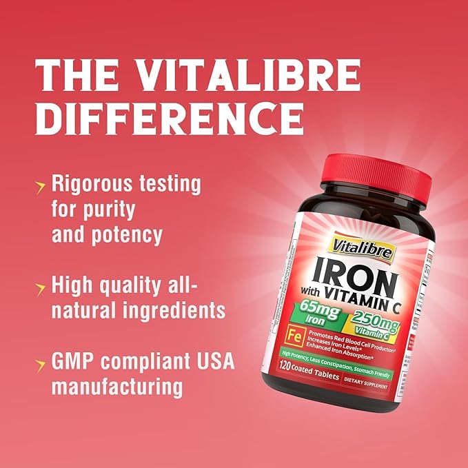 Iron Supplement, 65mg Carbonyl Iron with 250mg Vitamin C, Stomach Friendly Iron Pills for Blood Building Women & Men, High Absorption, No Nausea, No Constipation, Non-GMO, No Gluten, 120 Vegan Tabs