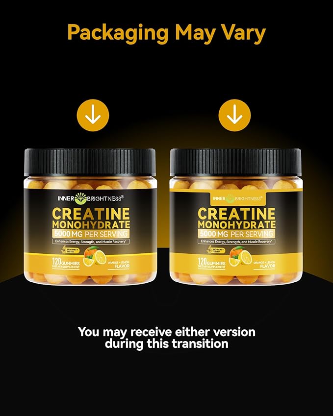 Inner Brightness Creatine Monohydrate Gummies for Men & Women 5000 mg, 3rd Party Tested, Creatine Chews for Muscle Growth, Strength & Energy Support, Sugar Free, Vegan, 120 Count, Orange Lemon