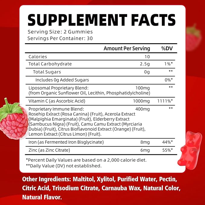 Liposomal Vitamin C 1000mg Gummies for Adults, Vitamin C Chewable with Iron, Zinc & Elderberry for Immune Support & Energy, Sugar Free, RaspberryFlavor, 60 Count