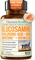 Joint Support Supplement with Glucosamine Sulfate, Hyaluronic Acid, Boswellia & MSM – Supports Joint Health, Mobility & Bone Strength – for Daily Use – FSA Eligible 60 Capsules