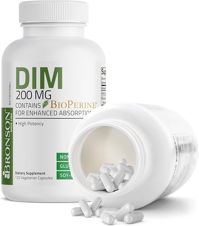 Bronson DIM Supplement 200 MG Diindolymethane with BioPerine for Enhanced Absorption, Estrogen Metabolism & Maintains Balanced Hormone Levels, 120 Vegetarian Capsules
